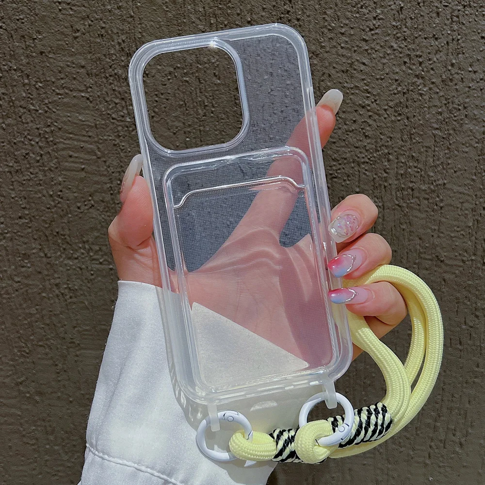 럭셔리 소프트 카드 백 폰 케이스 아이폰 16 프로 맥스 12 14 플러스 XS XR 7 8 투명 범퍼 컬러풀 랜야드 로프 커버