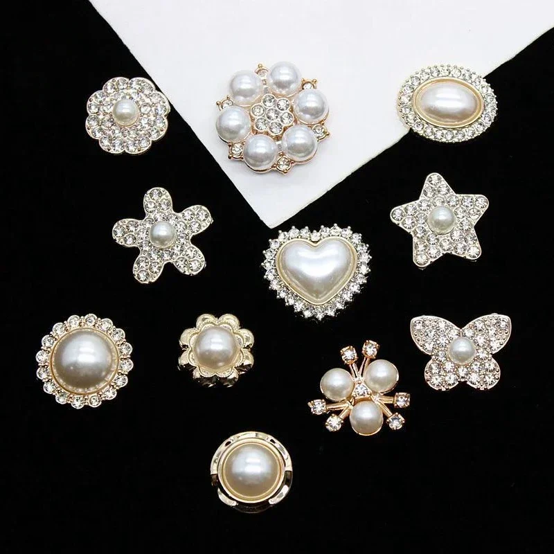 10pcs Pearl Flower Rhinestone Buttons Sparkling Crystal DIY Headwear Clothes Hats Shoes Women Accessories