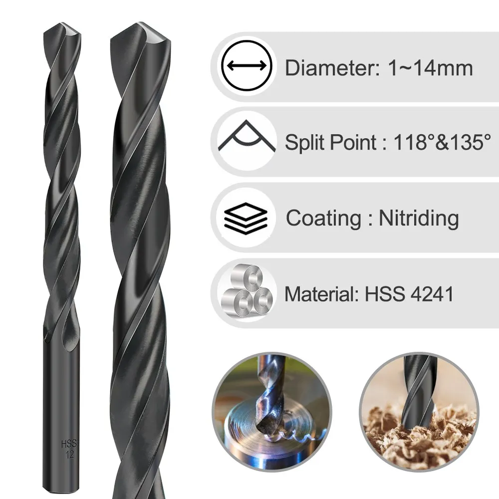 CMCP 5/10pcs Set Nitriding Coated 1-14mm HSS Twist Drill Bit With 118/135 Tip For Wood Metalworking Hole Drilling Cutter Tools