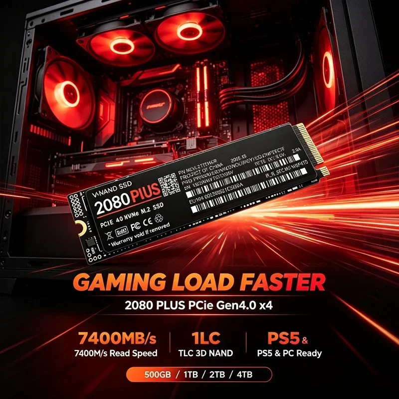Internal M.2 2280 NVMe SSD 2080 PLUS PCIe4.0 X4 7400MB/s TLC 3D NAND 500‑4TB Solid State Storage for PS5 Gaming PC Desktop