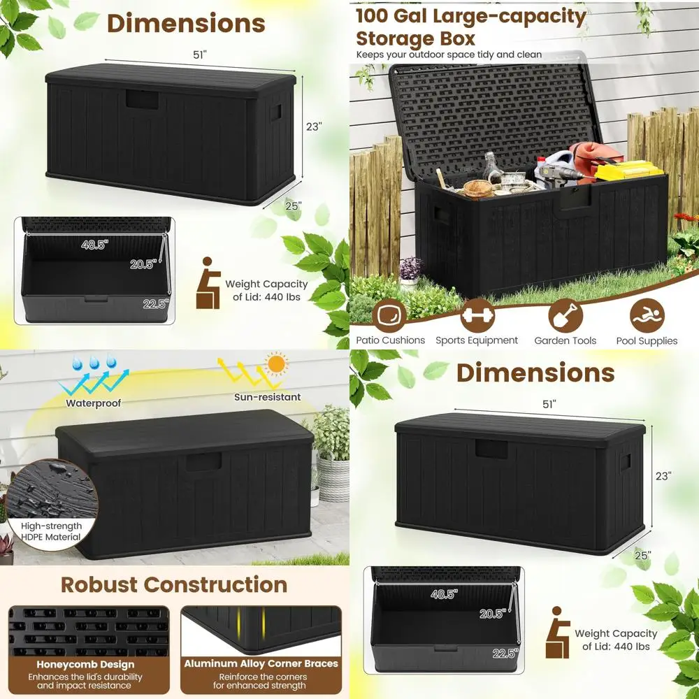

Waterproof 100 Gallon Resin Deck Box with Lockable Lid, Outdoor Storage Container for Patio, Pool, and Garden Accessories (Black