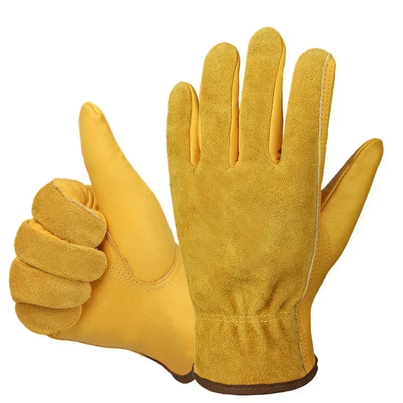 Work Gloves Men\'s Leather Motorcycle Driver Cycling Outdoor Sports Racing Security Protection Safety Yellow Riding Gloves