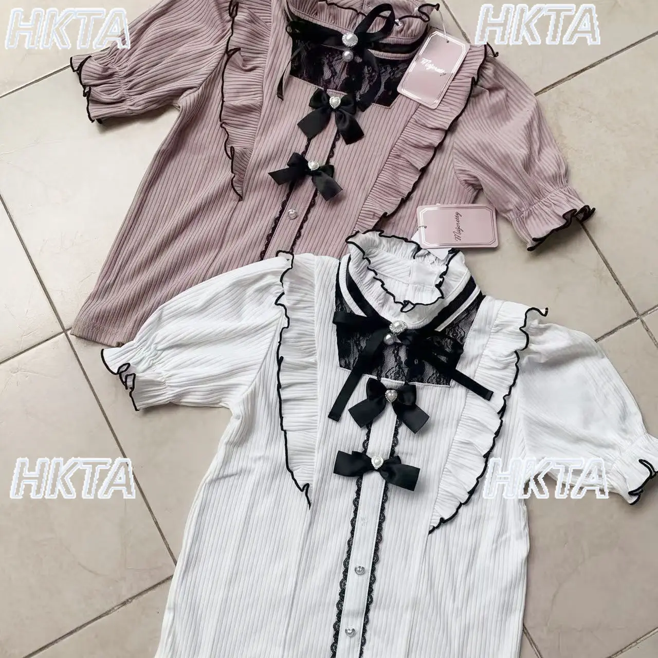 Japanese Rhinestone Bow Lace Stitching Fungus Edge Pearl Stand Collar Short Sleeve Tshirt Sweet Lolita White T Shirt Top Women
