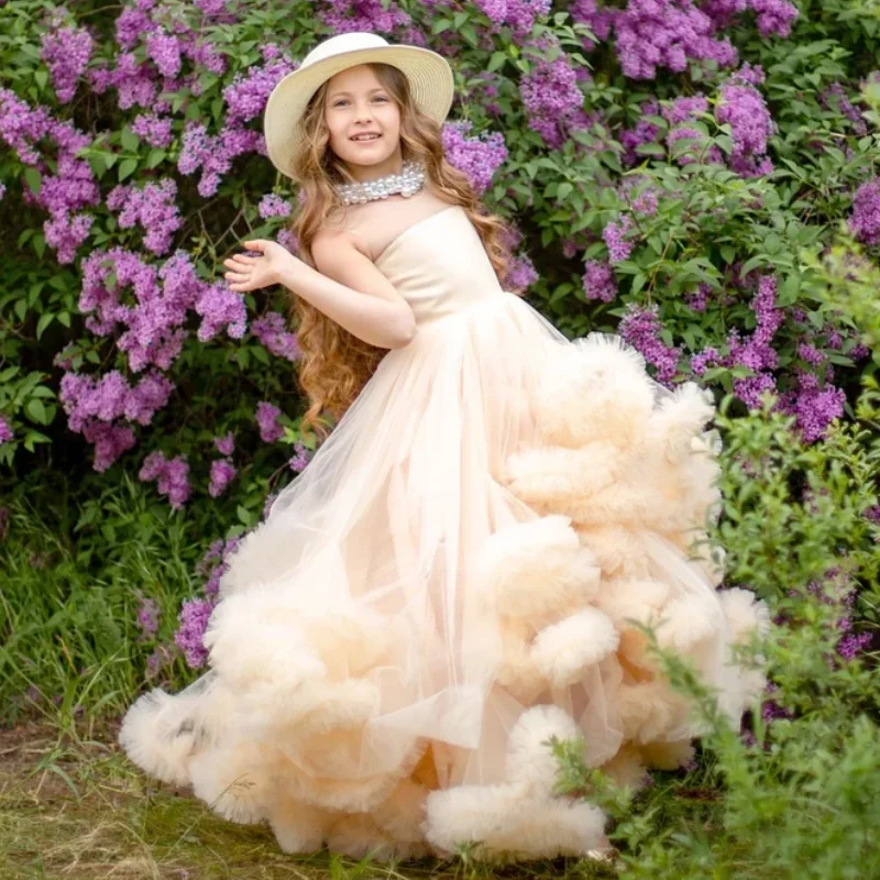 Flower Girls Dresses Pink Tulle Puffy Tiered Sleeveless For Wedding Birthday Party Banquet Holy Communion Gowns