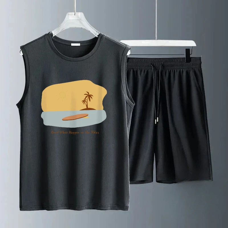 2025 الرجال عادية بلا أكمام الصيف الأصفر الكتابة على الجدران يطبع بواسطة البحر مجموعة خفيفة الوزن تنفس الدعاوى الفاخرة ملابس للرجال