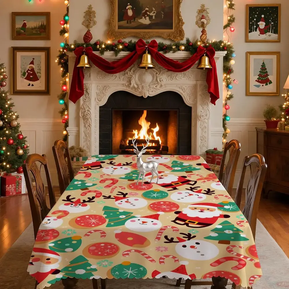 Cute Hand Drawn Christmas Table Cloth Rectangular Tablecloth Indoor Outdoor Party Picnic Dining Home Decor