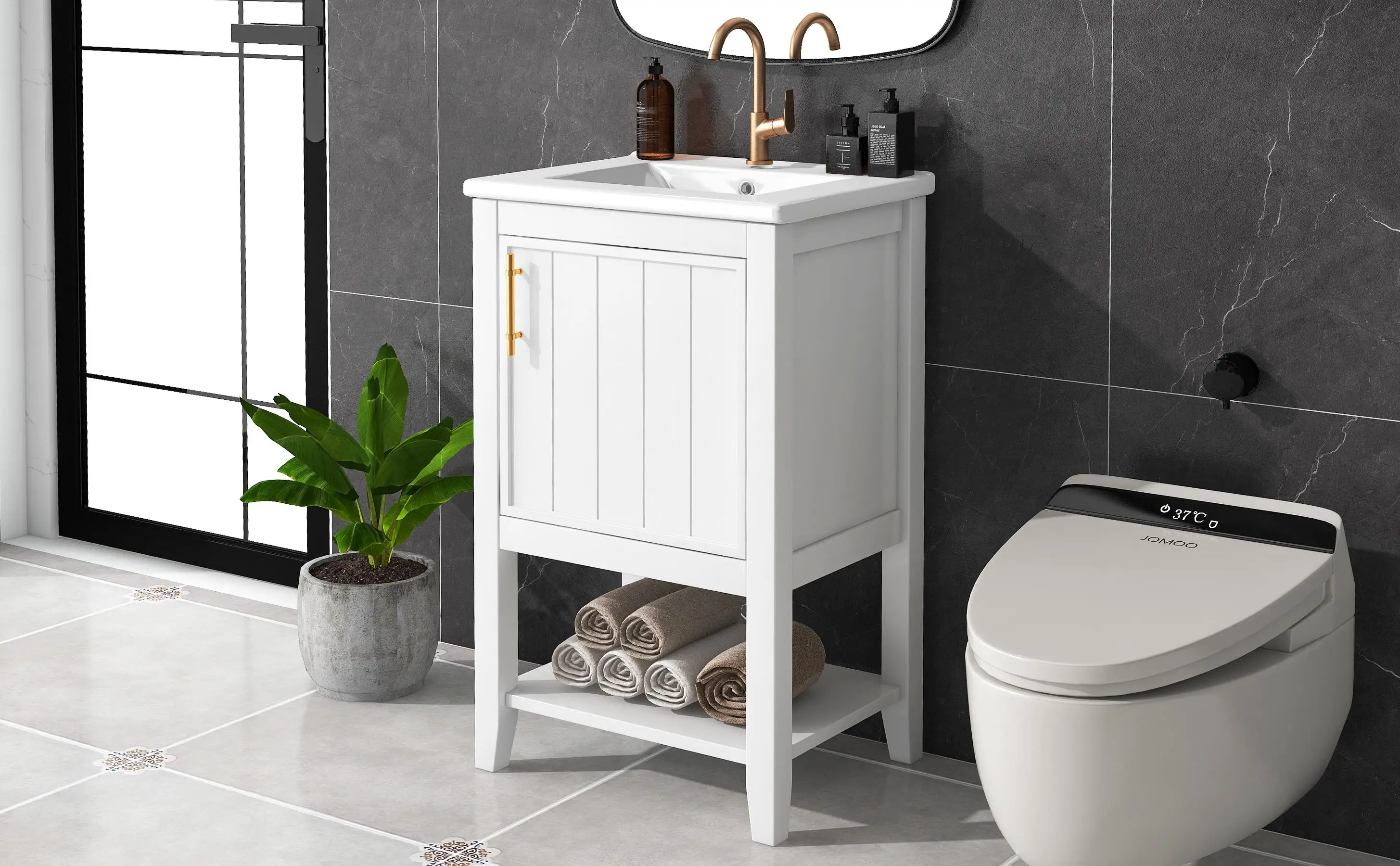 20-inch White Bathroom Vanity with Sink, Soft-Close Door, Open Shelf & Storage Rack - Stylish Bathroom Cabinet