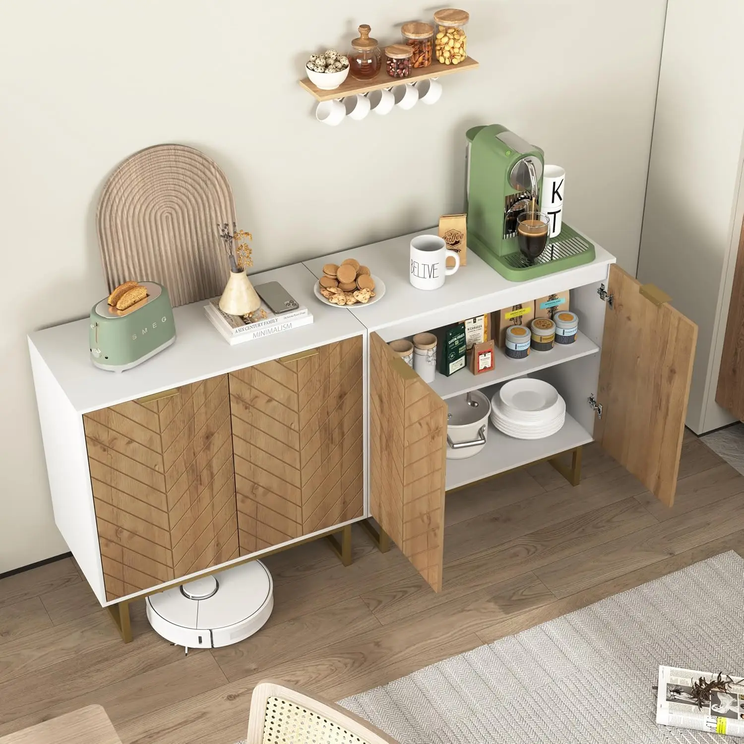 Set Of 2 Storage Cabinets With Doors, White Sideboard Buffet Cabinet, Kitchen Cabinet With Storage, Free Standing Coffee Bar,