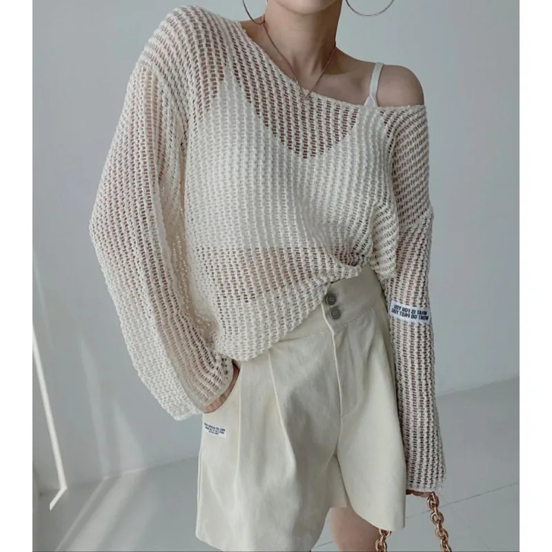 Deeptown Vintage Y2K Knitwear White Women\'s Sweater Hollow Out Knit Oversize Spring Korean Fashion Pullovers Streetwear Casual