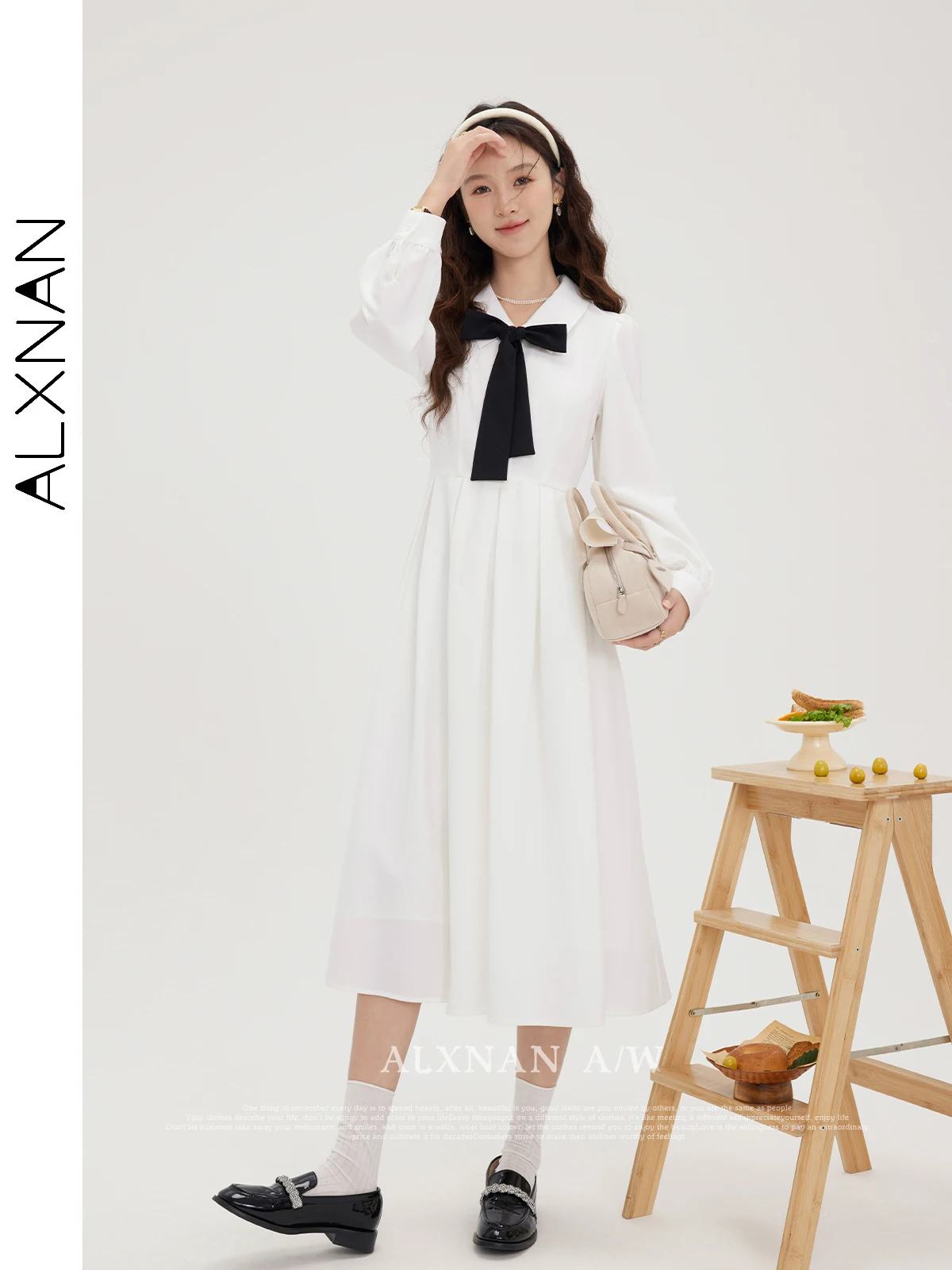 

ALXNAN Women's Apricot Elegant Polo Collar Midi Dress Autumn Casual Long Sleeve A-line Dresses 2024 New Female Clothing LXN31616