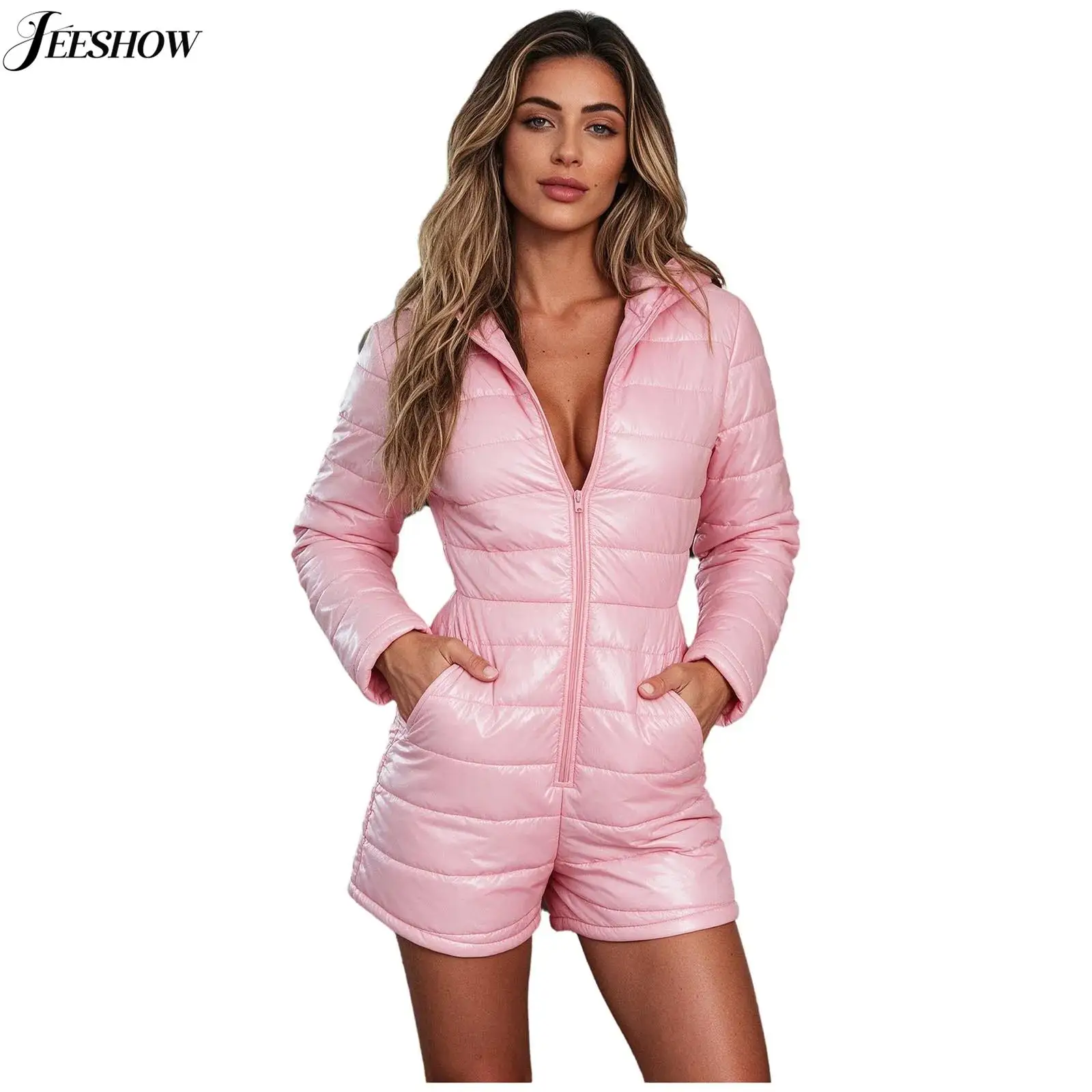 Womens Quilted Padded Jumpsuit Water Resistant Hooded Front Zipper Boydsuit with Pockets Solid Color Skiing Outdoor Playsuits