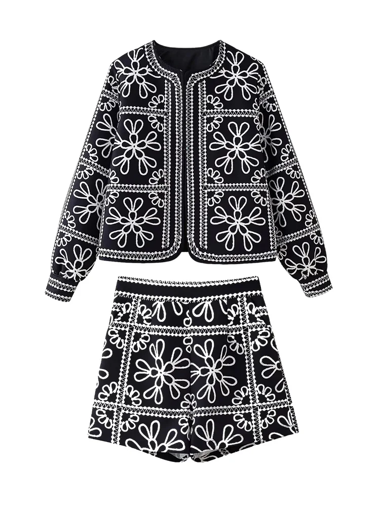 TRAF Women\'s Floral Printed Cardigan Cotton Jacket + High Waisted Printed Shorts New Bohemian Style High Street Jacket Set