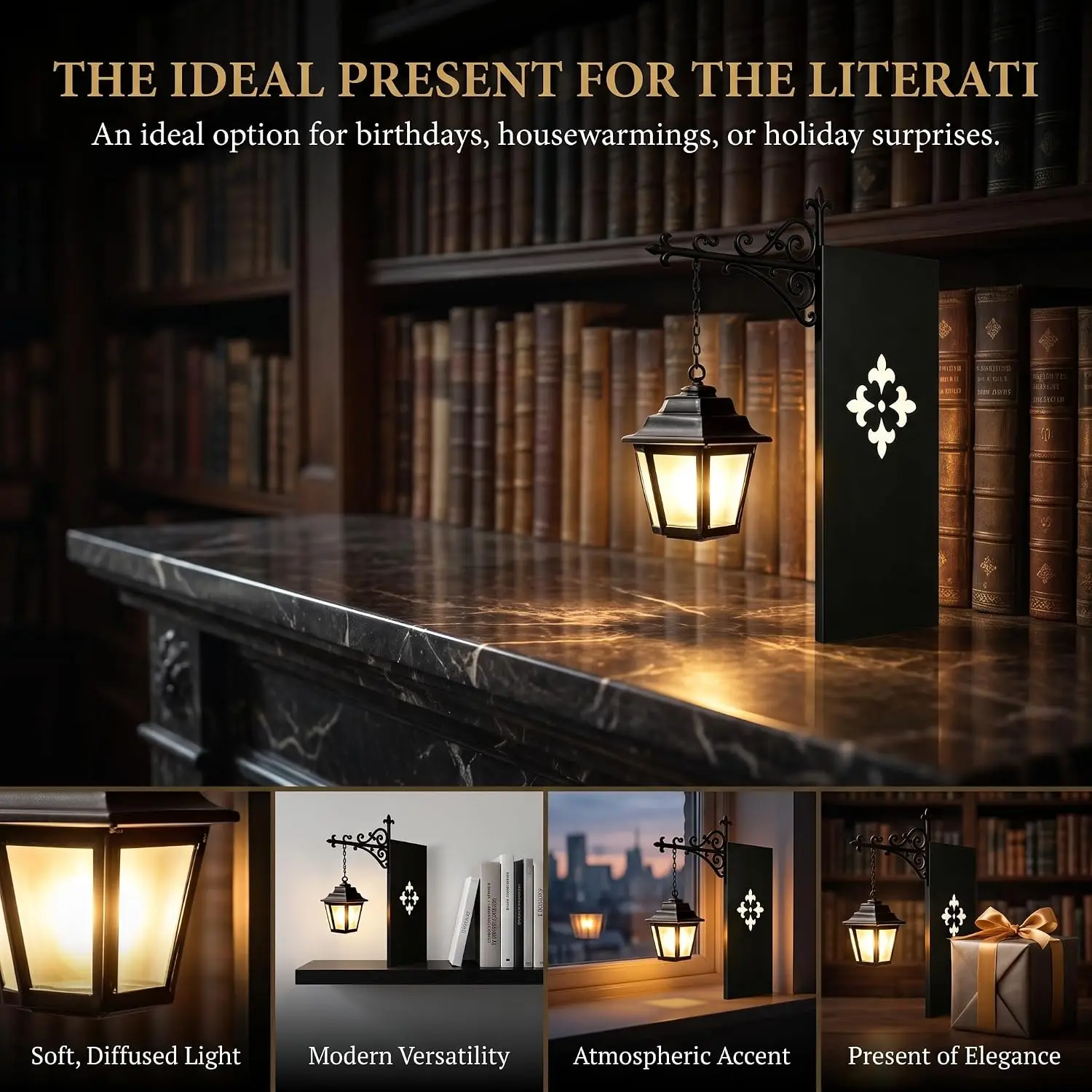 Library Lantern Bookshelf Lamp, Vintage Hanging LED Bookshelf Lights with Bookend-Style Base, Warm Decorative Bookshelf Lighting
