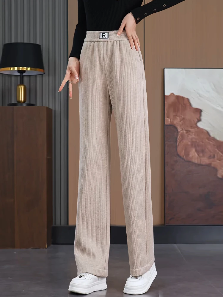 

Olive Woolen Wide Leg Pants Women's Autumn Winter New High Waist Loose Casual Rice Noodle Pants Fleece Lined Straight Leg Pants