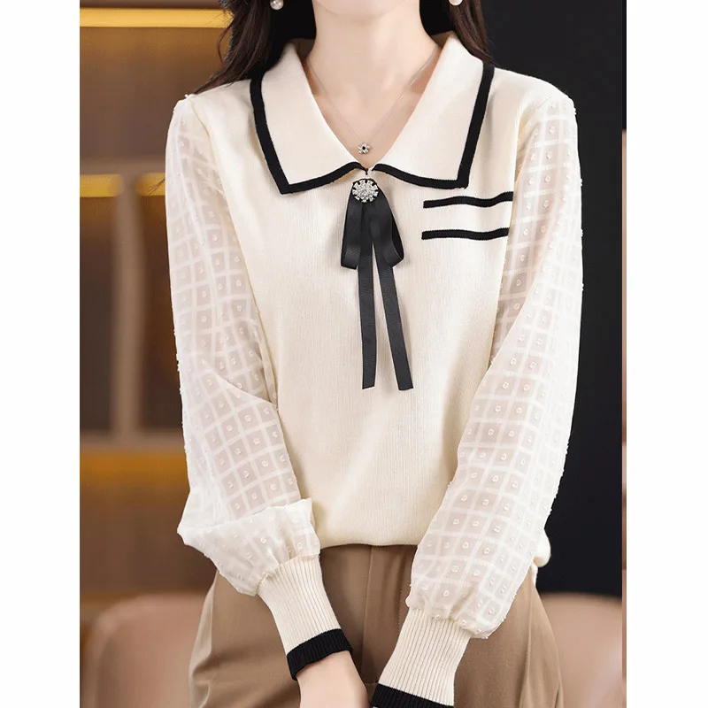 

Autumn Women Clothing Chic Turn-down Collar Knit Tops Fashion Splicing Chiffon Long Sleeve Jumper Vintage Elegant Pullovers