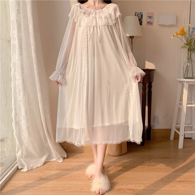 White Lace Patchwork Autumn Night Dress Women O-Neck Ruffles Long Sleepwear Loose Casual Mesh Nightgown Bow Soft Homewear