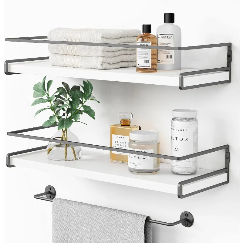 

White Floating Shelves for Bathroom Organizer Over Toilet Wall Mounted Corner Shelf with Towel Rack in Dark Grey for Bedroom