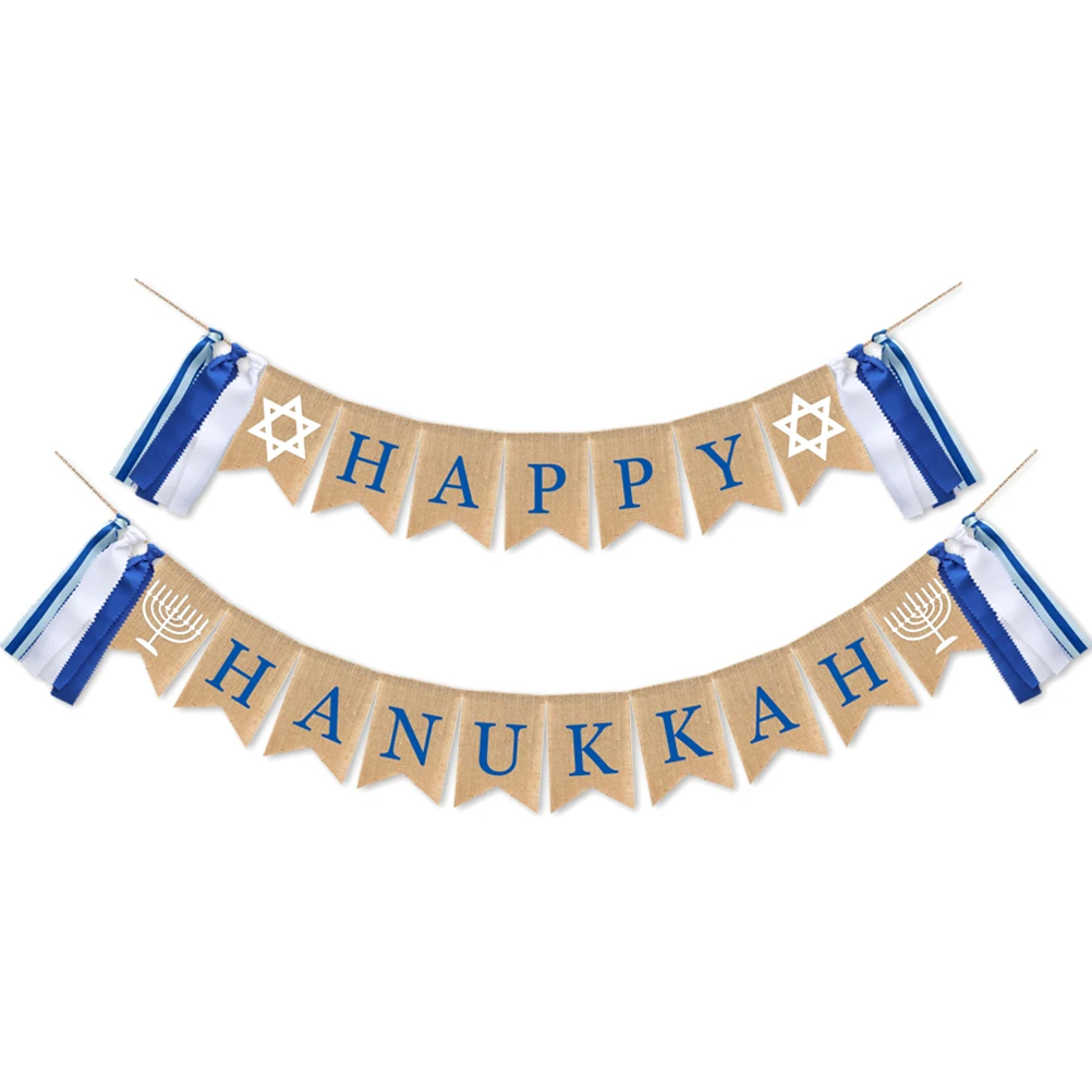 

Happy Hanukkah Party Banner Tassel Linen Swallowtail Shape Decorative Garland for Holiday Fireplace Stand Photo Booth