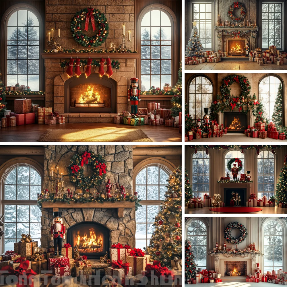 

Stone Fireplace Backdrops Child Baby Photo Props Adult Kids Decors Christmas Presents Wreaths Photography Studio Backgrounds ﻿