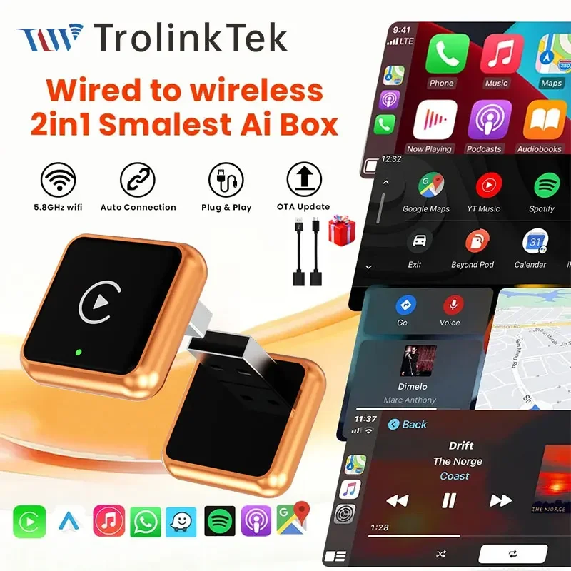 

TrolinkTek 2026 2 IN 1 Wireless CarPlay Adapter and Android Auto Smart USB Adapter Plug and Play for Mazda Haval Kia Volvo Audi