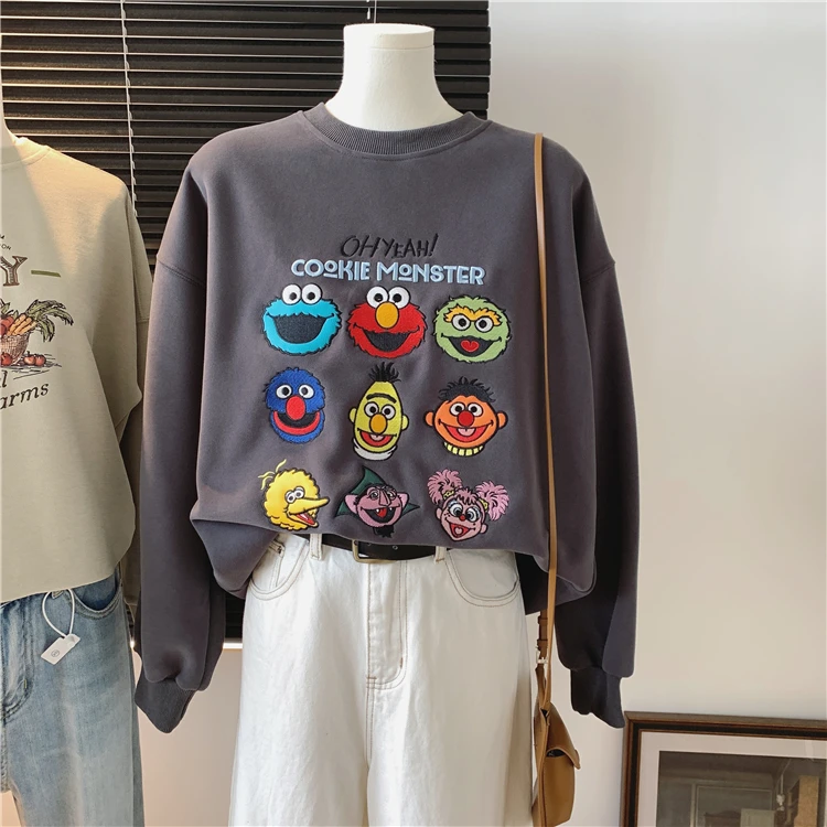 حجم كبير 300 Pou Sesame Street الكرتون هوديي المرأة فضفاض رداء علوي غير رسمي الكورية Sle جولة Ne Long Sve القطن تي شيرت