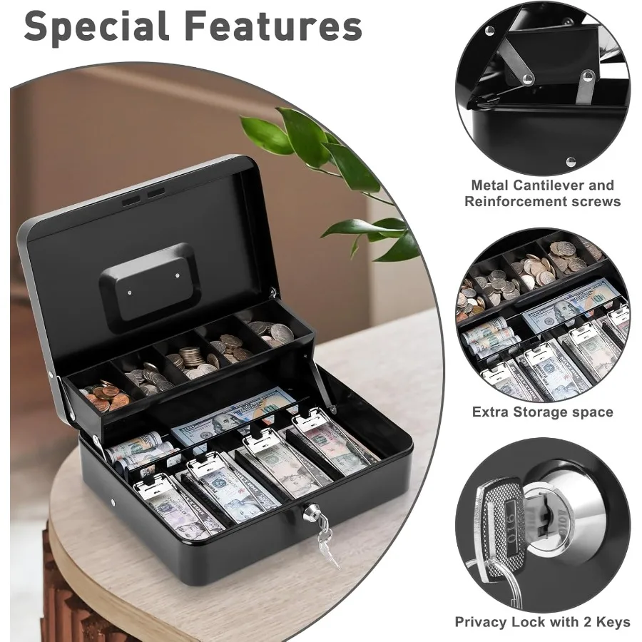 Large Capacity Locking Cash Box with Key and Cash Tray for Secure Money Storage Ideal for Home Office or Retail Environment 11.