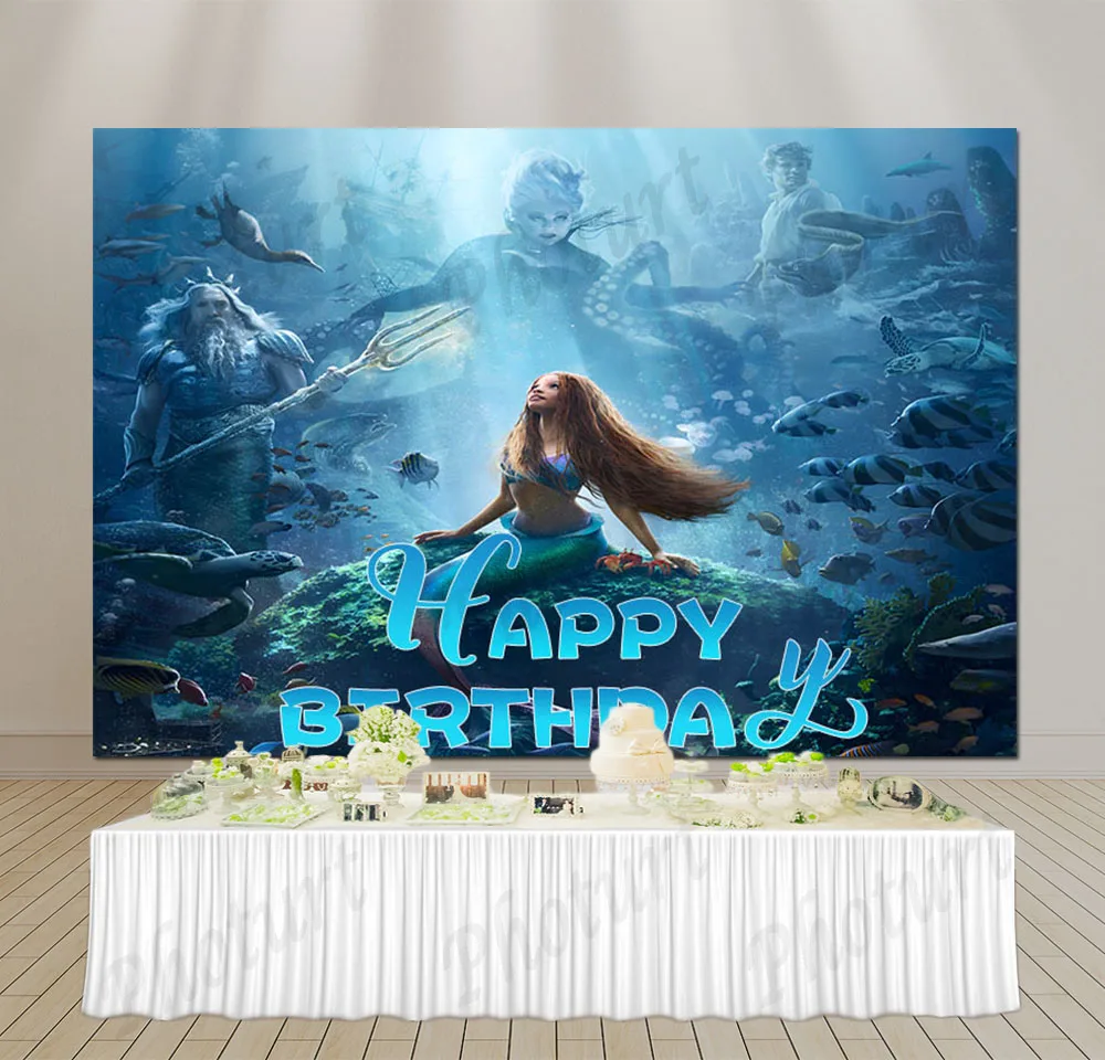 The Little Mermaid 2023 Movie Backdrop Kids Birthday Party Background Bluey Undersea Vinyl Polyester Photography Props