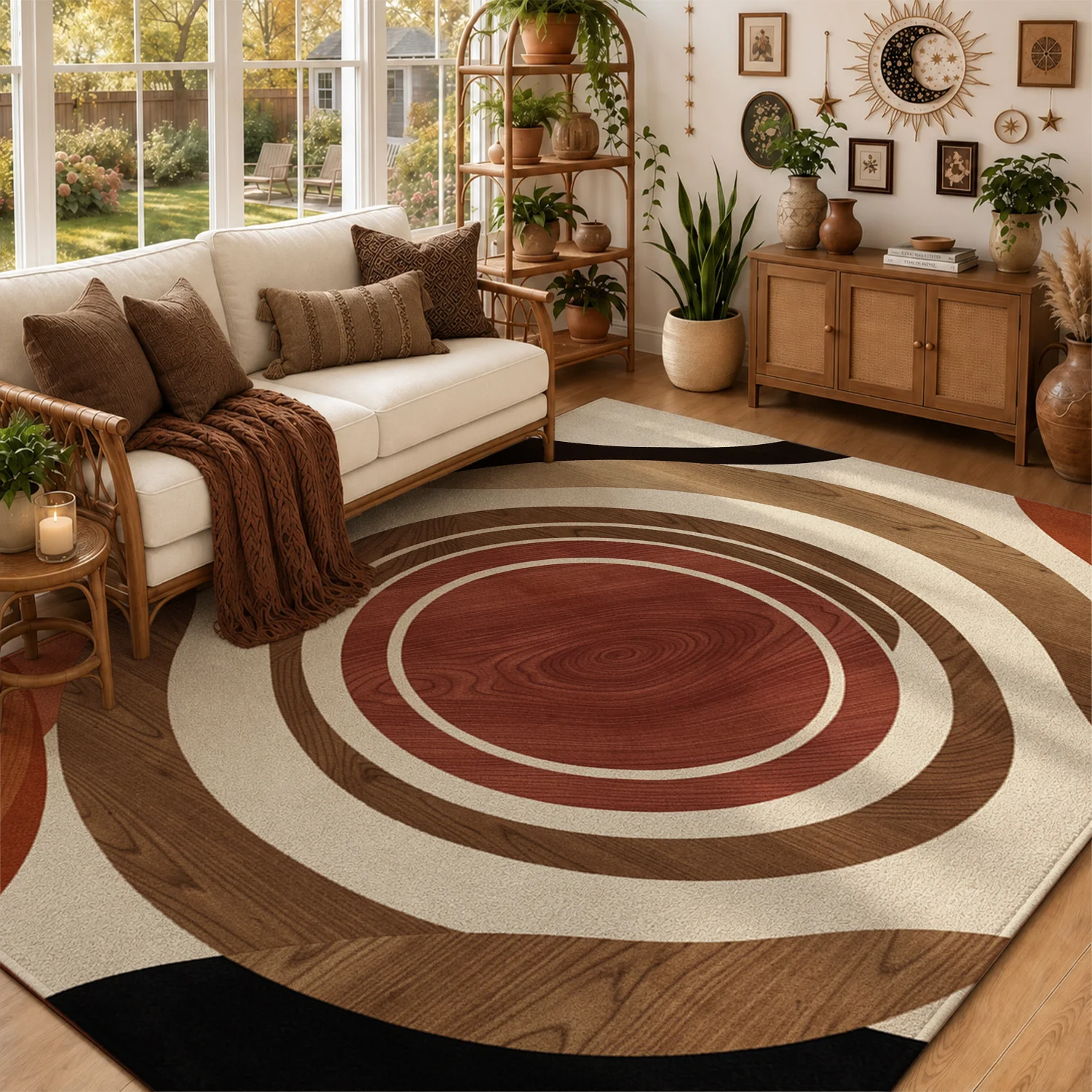 Abstract Wood Grain Circular Pattern Velvet Area Rug, Machine Washable Modern Floor Mat for Living Room, Bedroom, Dining Room, Perfect for Halloween, Thanksgiving, Christmas, New Year Home Decor