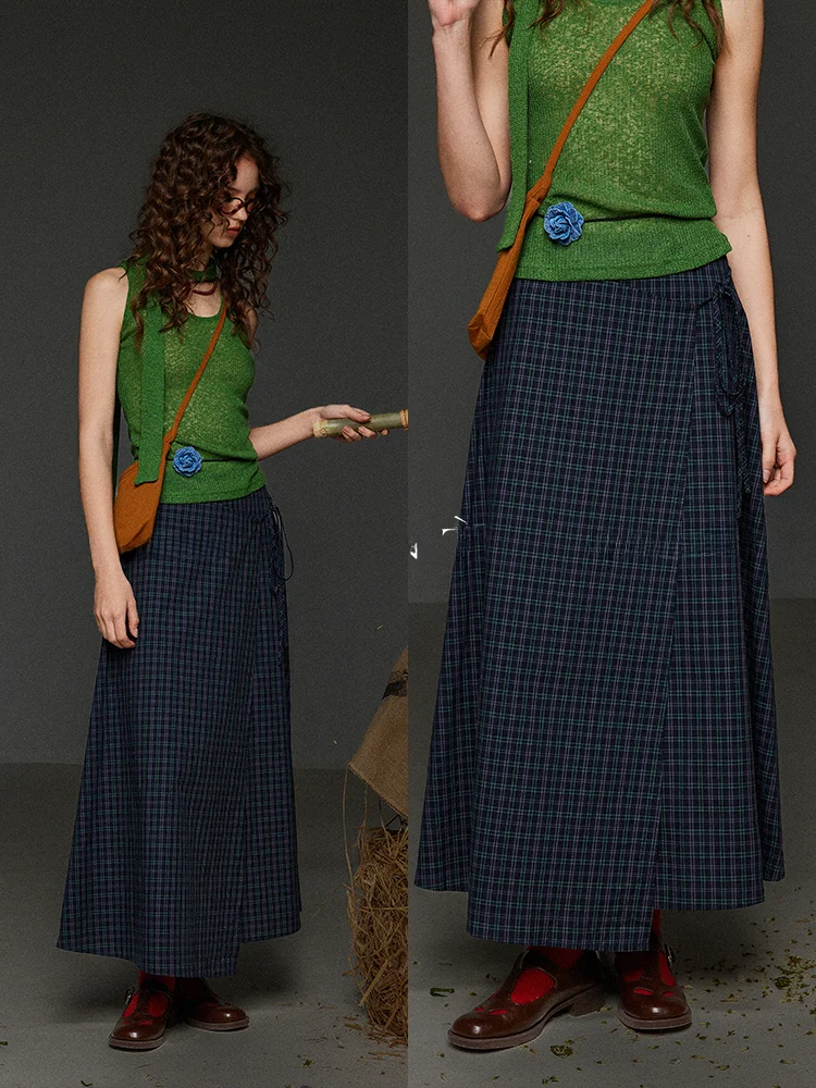 

High Waist Plaid A-Line Skirt Women's Summer Design Slimming Belted Long Skirt Retro Sle Commute Friendly Other Material