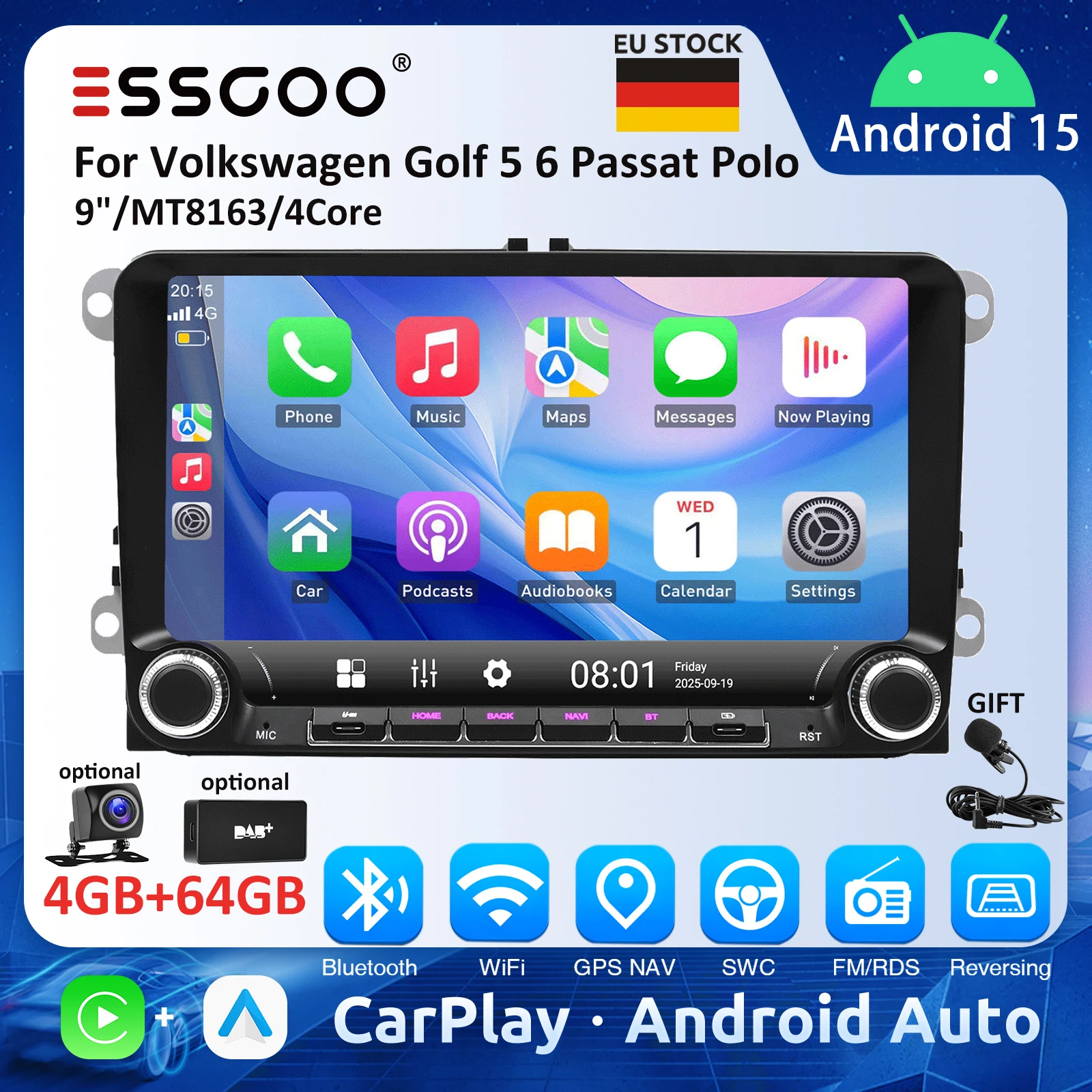 ESSGOO 9-Zoll-Autoradio für Volkswagen Golf 5 6 Passat Polo, Multimedia-Player mit 4GB 64GB, Carplay, Android Auto und Drehregler, GPS