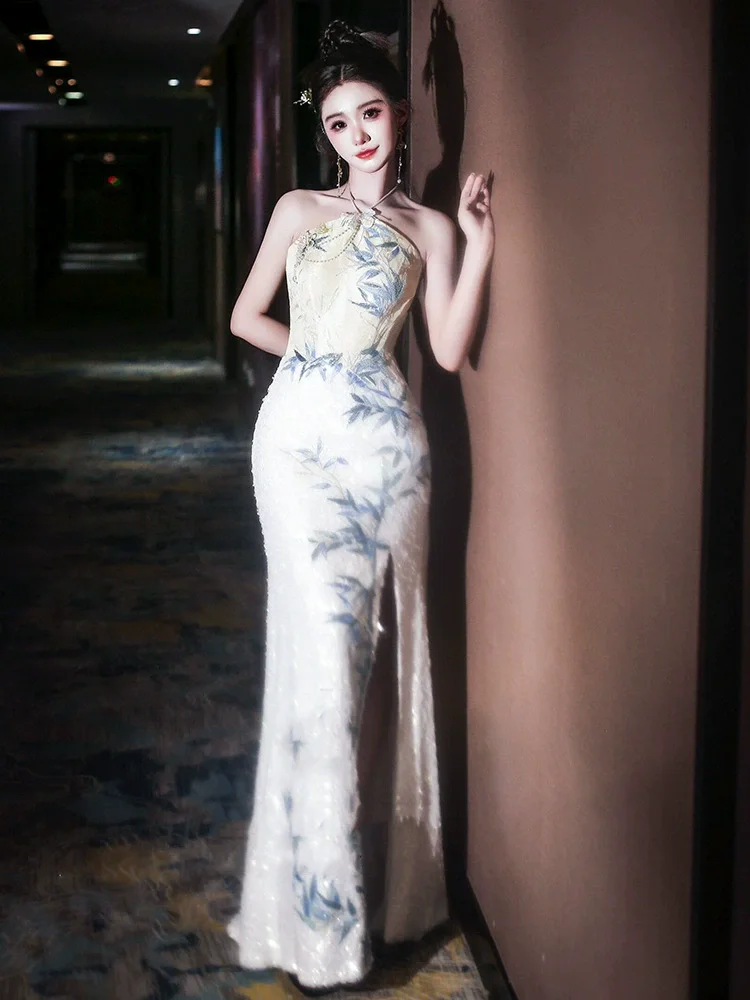 ملابس الزفاف نخب مثير مزاجه فستان طويل معلق الرقبة جديد النمط الصيني الصباح ثوب طباعة خمر شيونغسام #2