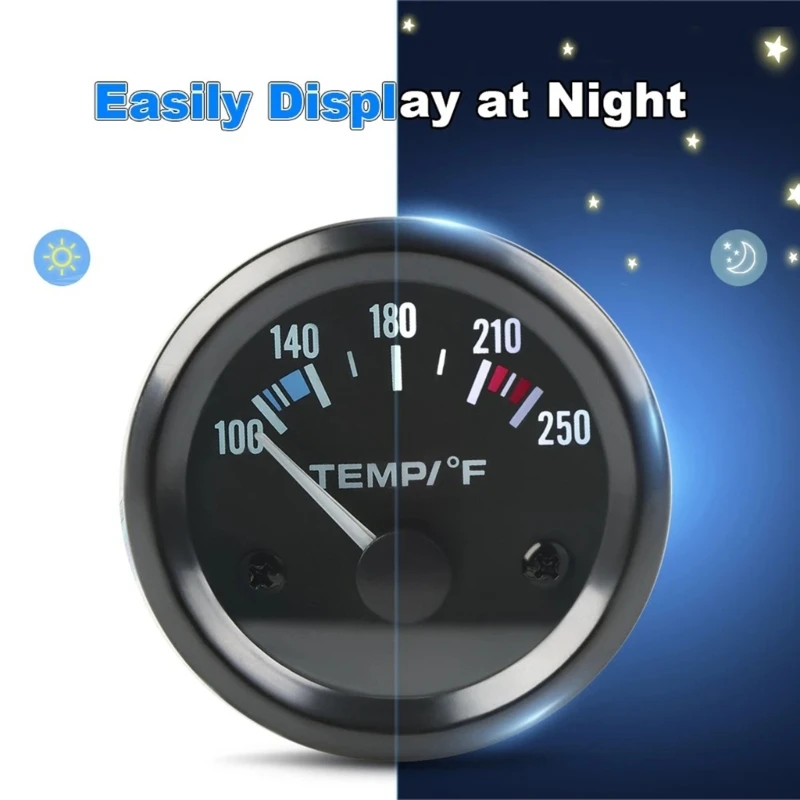 H3CE LED Backlit Automotive Engine Temperature Meter 2 Inch Shockproof Gauge 100-250℃ Scale Marine Grade DC12V Monitoring