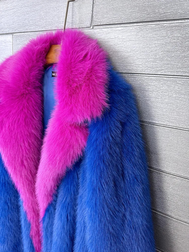 ZADORIN Super Long Fluffy Faux Fox Fur Trench Coat Women Lapel Contrast Color Furry Jacket Winter Clothes Women 2024 Fur Coats