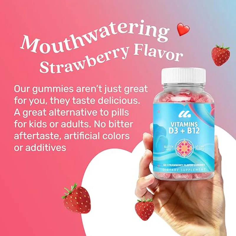 Vitamin D3 gummies contain B12 vitamin -60 capsules immune gummies contain vegetarian vitamins B12 and D3- strawberry flavor