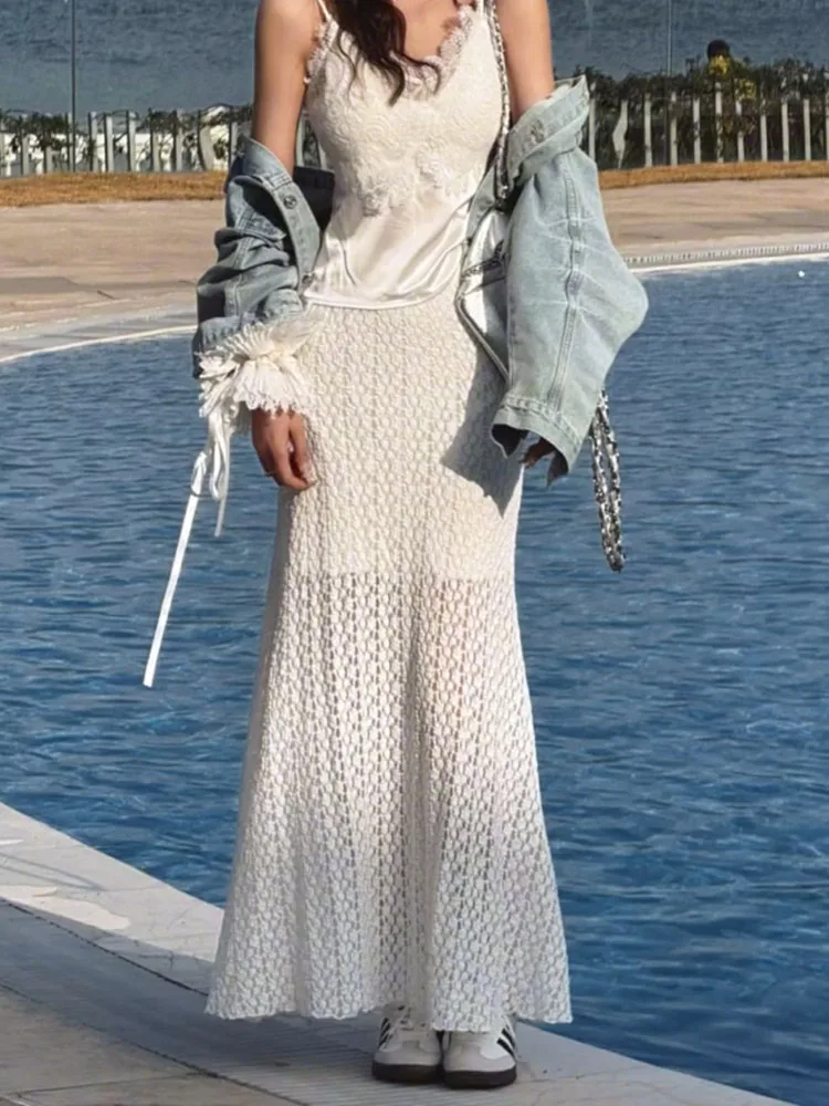 

American Vaion Sle Lace Hollow out Wrap Skirt Spring Summer Design Lazy White Drapey f-length Skirt for plus Size Women