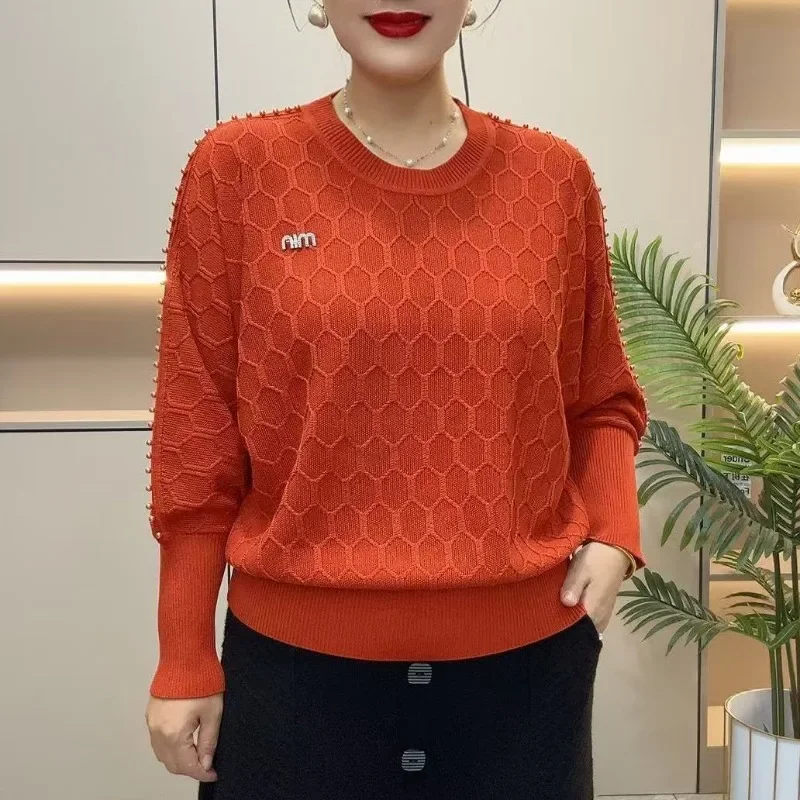 Fashionable Solid Color Beaded Bat Sweater Spring New Fashion Round Neck Loose Casual Versatile Sweater Women