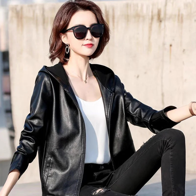 Unsplitting Skin Motorcycle Leather Jacket Female Autumn Winter Women's Leather Clothing Korean Version Loose Hooded Casual Coat