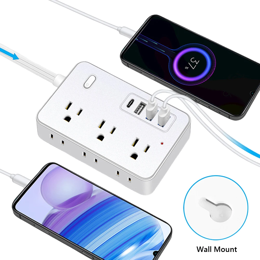 5Ft عرام حامي قطاع الطاقة 6 منافذ التيار المتناوب شقة التوصيل تمديد الحبل 4 منافذ USB (1 USB C) محول الطاقة لغرفة السفر المدرسية