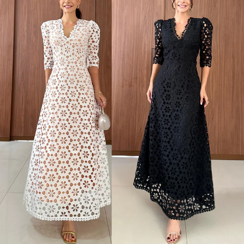 

2025 Spring/Summer New Lace High-Waist Short Sleeve Dress INS Casual Vacation Women's Fashion Dress