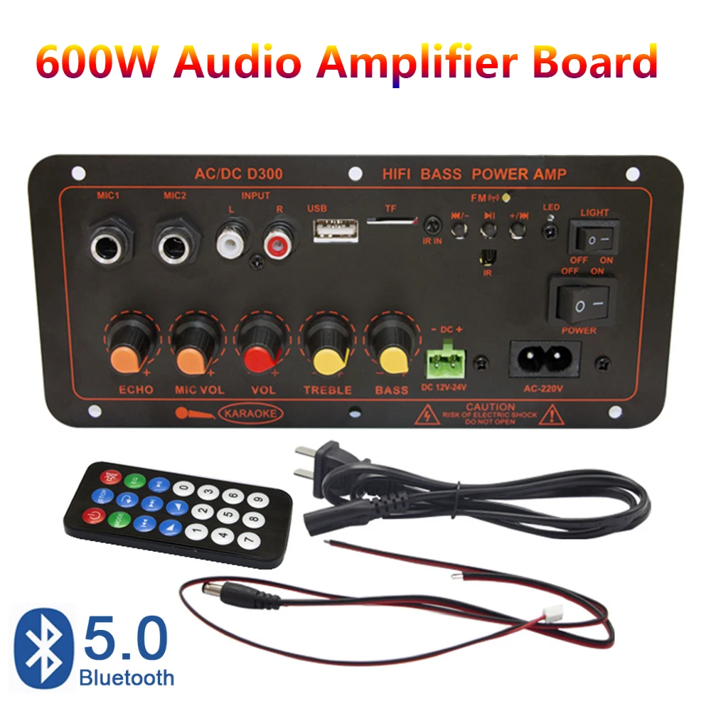 600W Bluetooth 5.0 Audio Amplifier Board D300 Dual Microphone Amplifier Module DC12V 24V 1CH HIFI Stereo Power AMP 220V EU Plug