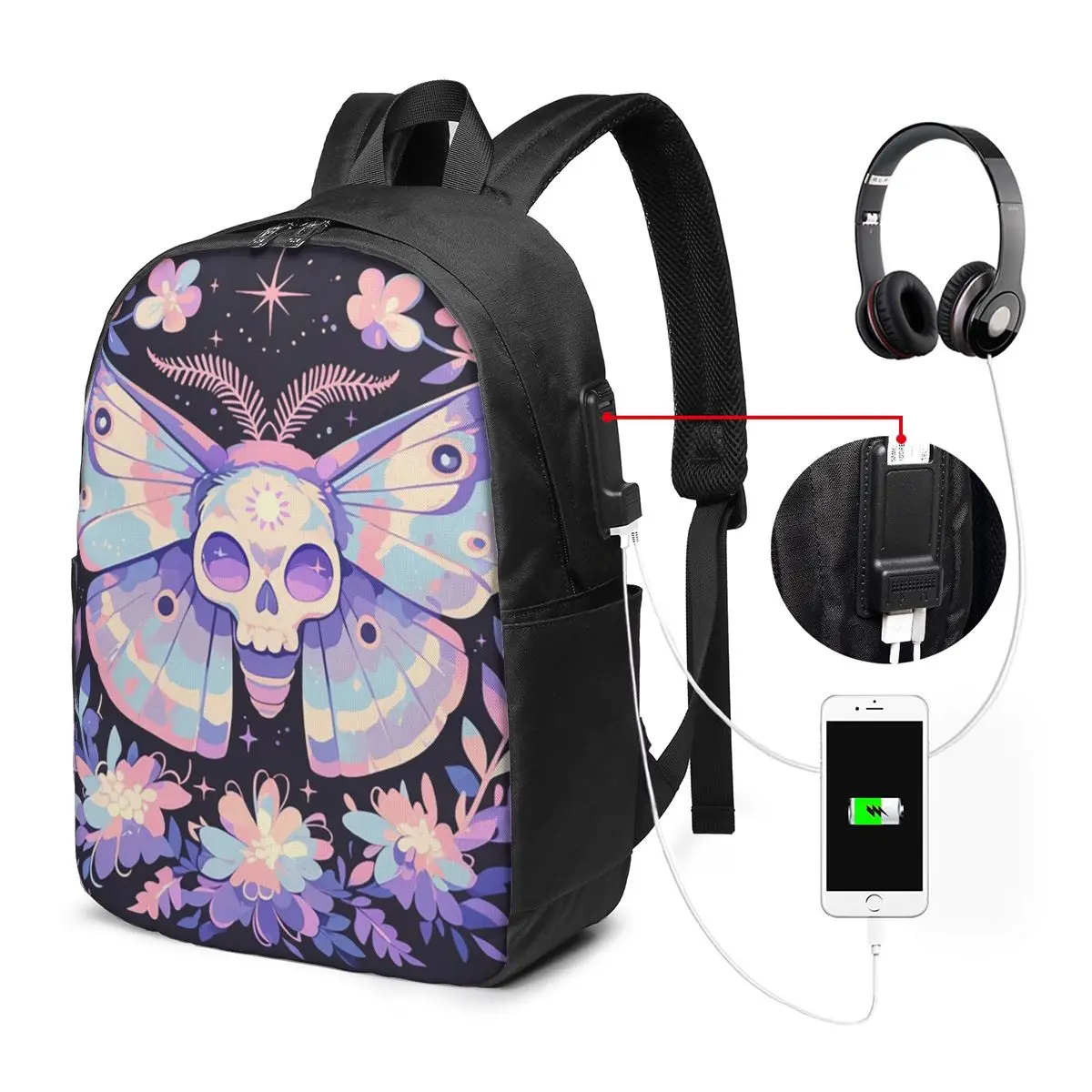 Mystical Gothic Skull Moth And Flower Backpack Travel Notebook Bag Computer College Student School Bag Laptop Shoulder Bags
