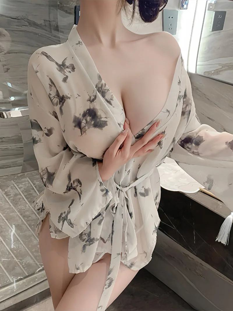 Sexy puro deseo estampado mariposa pura encaje profundo cuello en V Kimono camisón pijama Albornoz vestido elegante dulce Sexy FE6M
