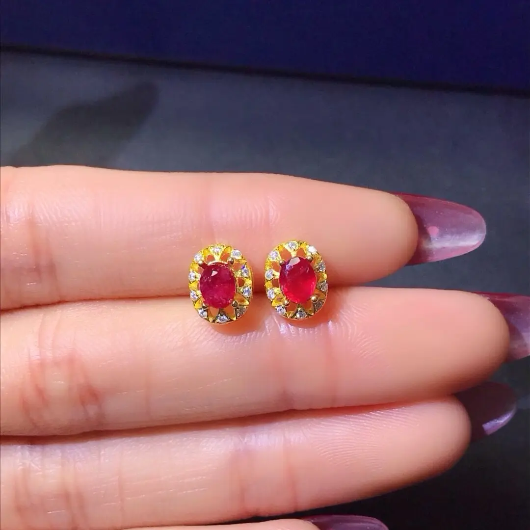Silver Gemstone Stud Earrings for Wear 4mm*5mm Natural Ruby Earrings Simple 925 Silver Ruby Earrings Ruby Party Jewelry Girl Gif