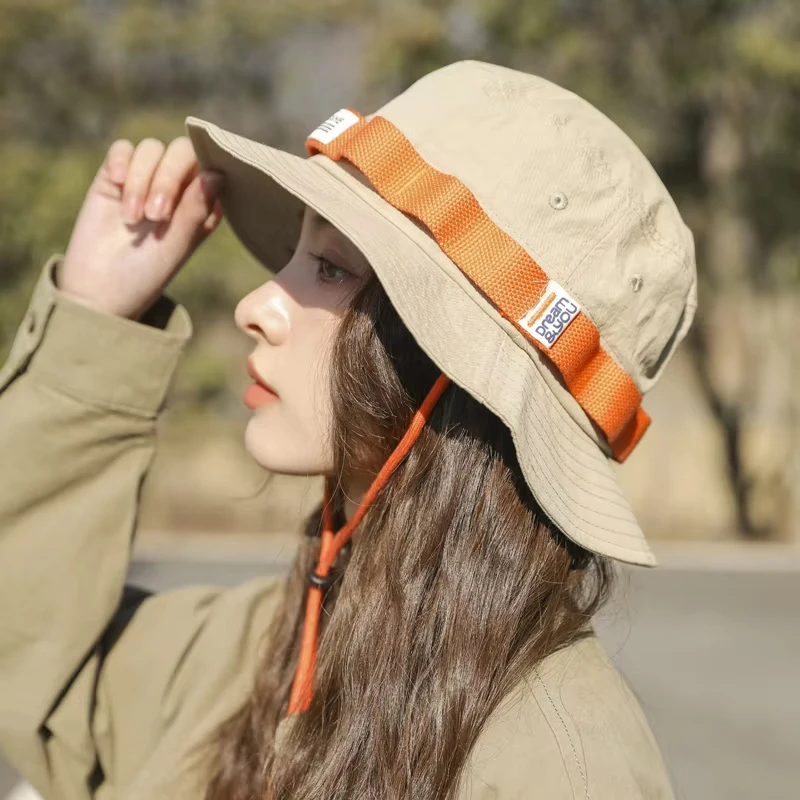 

Women Summer Sunscreen Fishermen Hat Japanese Wide Brim Windproof Straps Sunshade Panama Caps Camping Hiking Visor Basin Hats
