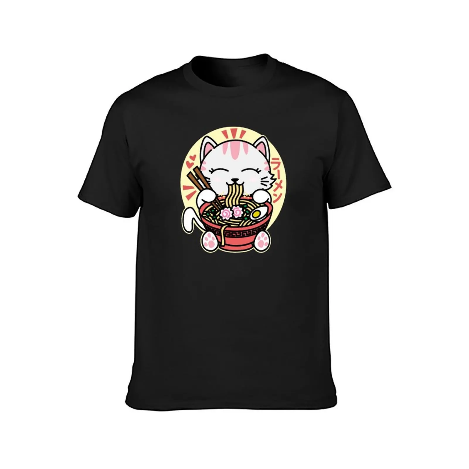 White Cat Eating Ramen T-Shirt quick-drying oversizeds funnys mens plain t shirts