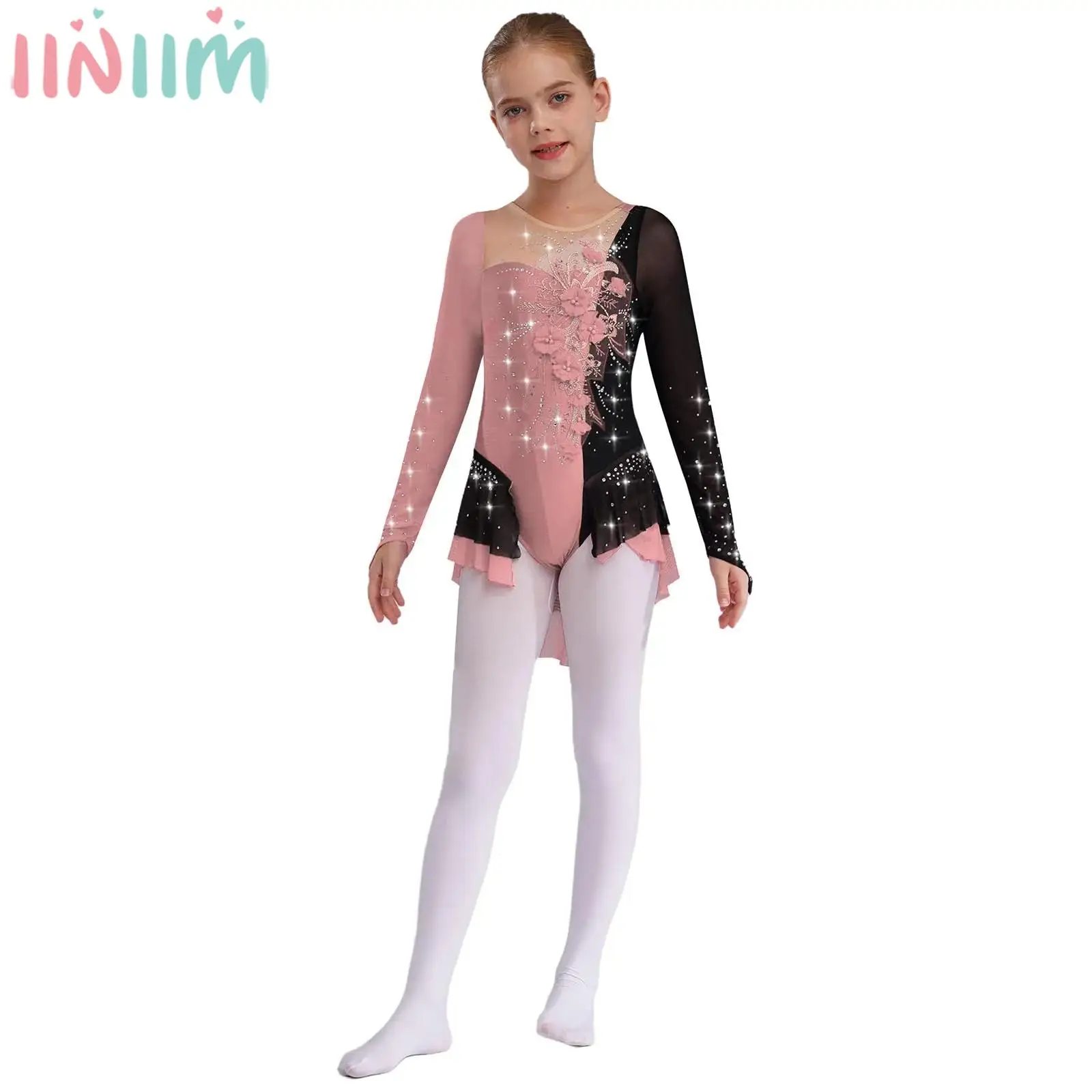 

Girls Figure Skating Performance Costume Long Sleeve Shiny Rhinestone Mesh Leotard Dress Gymnastics Modern Lyrical Dance Clothes