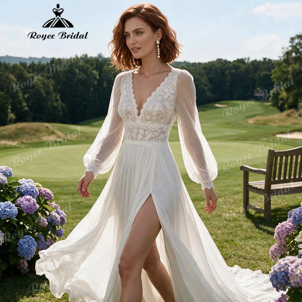 2027 Boho A Line Wedding Dress Deep V Neck Bishop Long Puff Sleeve High Side Slit Pleated Chiffon Abiti Da Sposa Customized