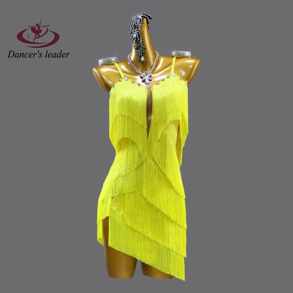 

Latin Dance Stage Women's High-end Custom Diamond Neckline Multi-layer Tassel Samba Rhinestone Performance Dress