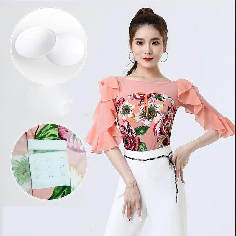 2024 New Women's Latin Dance Tops Clothes National Standrad Ballroom Leotard Wear Ruffle Sleeve Waltz Blouse Stage Dancewear