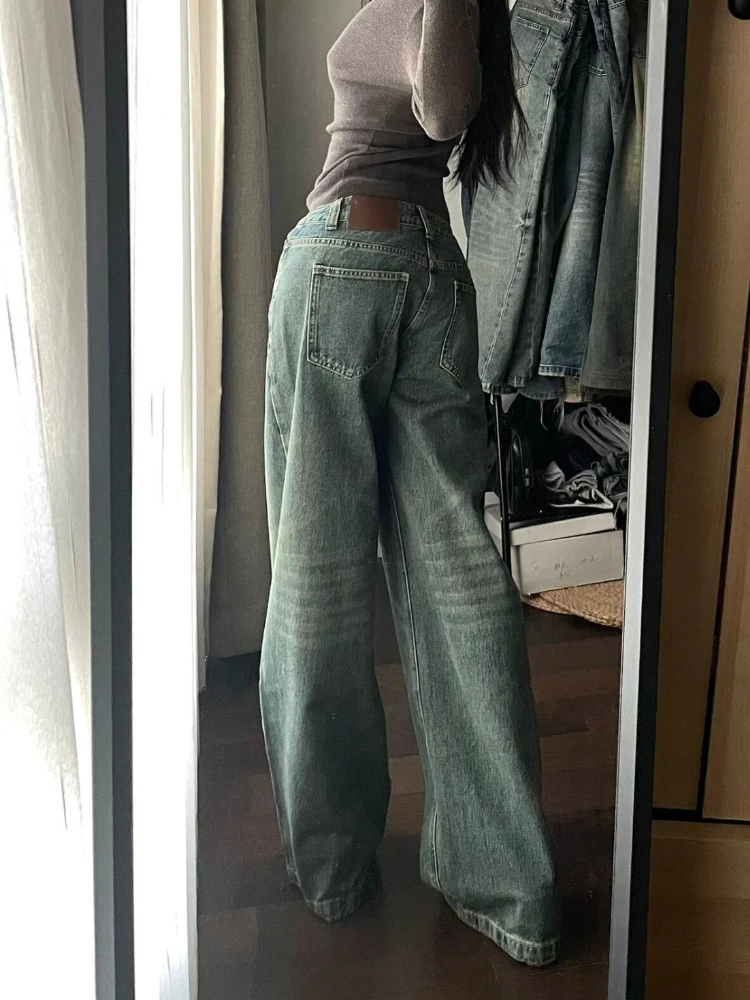 HOUZHOU Y2k Vintage Şalvar Kot Kadınlar için Yıkanmış Rahat Yüksek Bel Gevşek Kot Pantolon Streetwear Kore Geniş Bacak Kot Pantolon